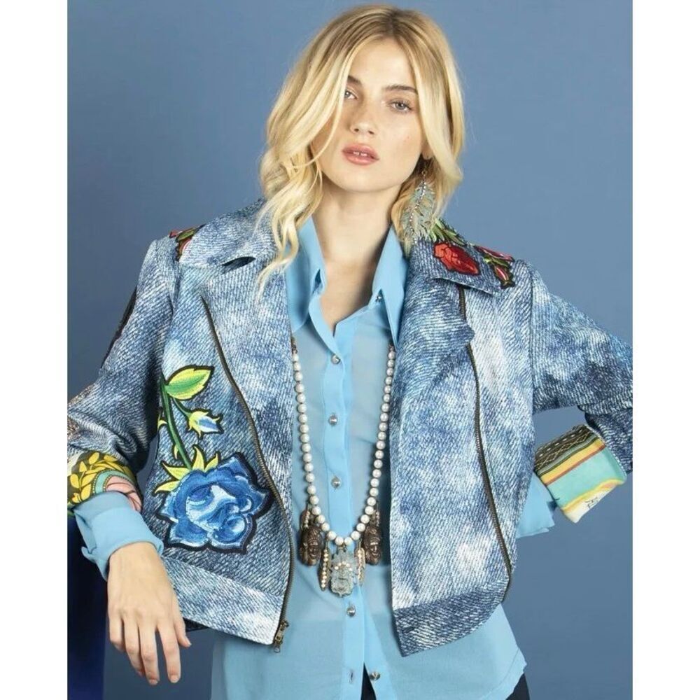 Petit Pois By Vivianna G Women's Applique Embellished Denim Jacket Blue Medium